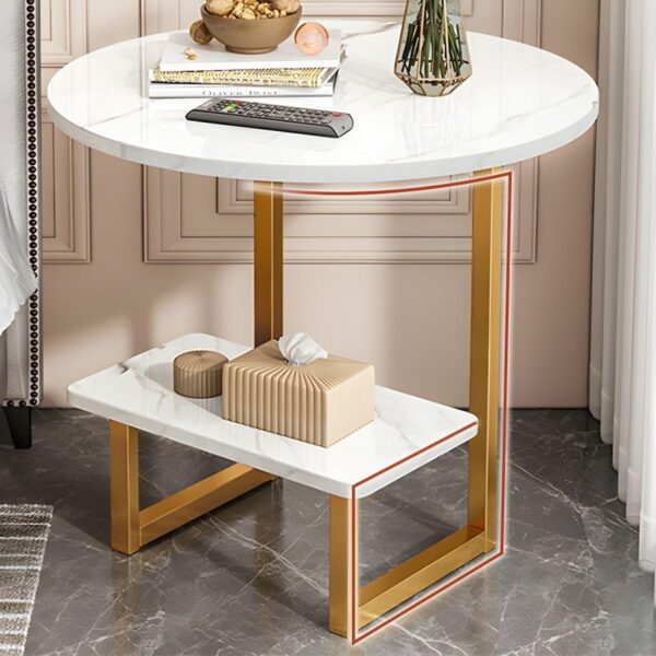 Emirates Living Room Small Side Table Sofa Side Table Living Room Sofa Side Cabinet Side Bedroom Small Coffee Table Modern Round Coffee Table with Metal Frame and Shelves (White/Gold) - Image 4