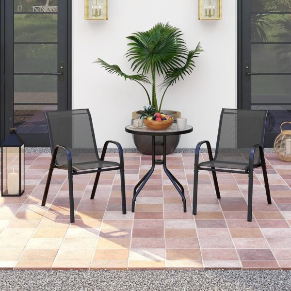 Emirtas Living 3-Piece Bistro Set, Black Metal Frame, Round Glass Table, Mesh Chairs for Patio Garden, Black Metal Frame with Mesh Chairs, Round Glass Table for Patio Garden - Image 3