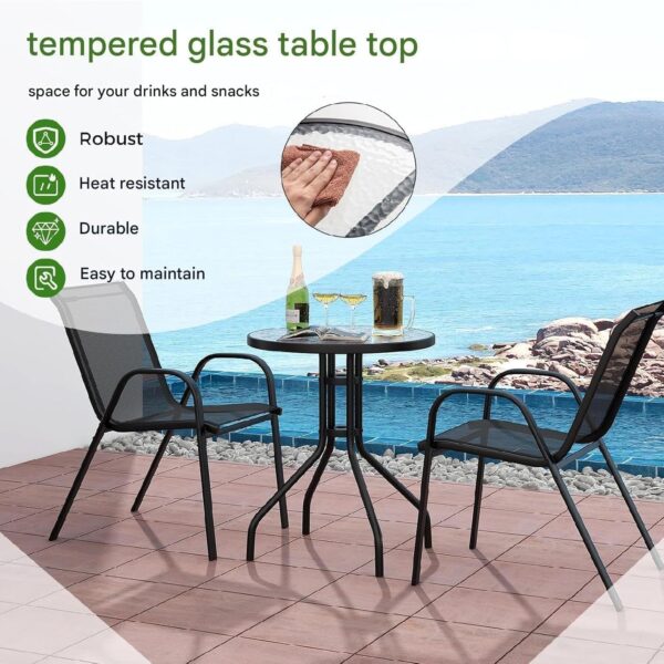 Emirtas Living 3-Piece Bistro Set, Black Metal Frame, Round Glass Table, Mesh Chairs for Patio Garden, Black Metal Frame with Mesh Chairs, Round Glass Table for Patio Garden - Image 9