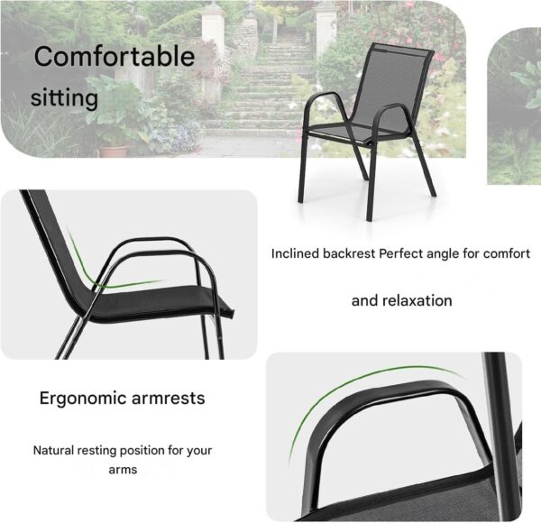 Emirtas Living 3-Piece Bistro Set, Black Metal Frame, Round Glass Table, Mesh Chairs for Patio Garden, Black Metal Frame with Mesh Chairs, Round Glass Table for Patio Garden - Image 10